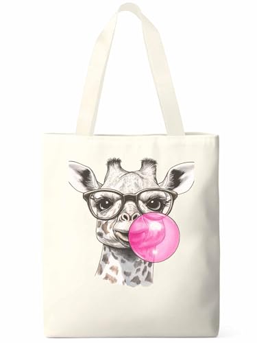 Canvas Tote Bag Giraffe Blow Bubbles Reusable Grocery Shopping Bag,Shoulder Tote Bags for Women Vacation Travel Work Gym