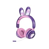 PLRG Wireless Bunny Ear Headphones with Mic, Cute RGB Stereo Game Foldable AUX 3.5mm TF Card Over-Ear Headsets Fit Kids Girls Gamer Streamer Purple