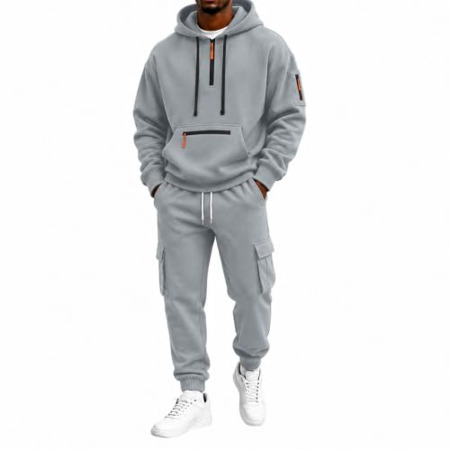 Jogginganzug Herren 2 Teiler Set mit Hose Kapuze Sportanzug Half Zip Cargo - 1