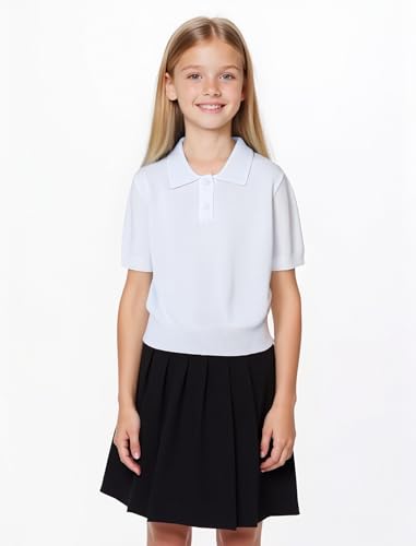 Image of Girls Short Sleeve Polo Shirt V Neck Button Down Shirts Summer Knit School Uniform Crop Tops