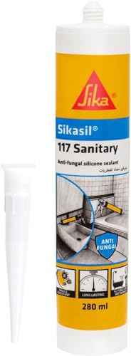 SIKA - Anti-Fungal Acetoxy Silicone Sealant For Sanitary Applications - Sikasil-117 Sanitary White - Weather-Resistant - 280ml Cartridge