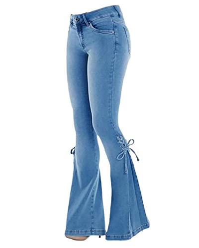 Women's Lace-Up High Waisted Bell Bottom Jeans Stretchy Slim Fit Flare Wide Leg Denim Pants Trousers