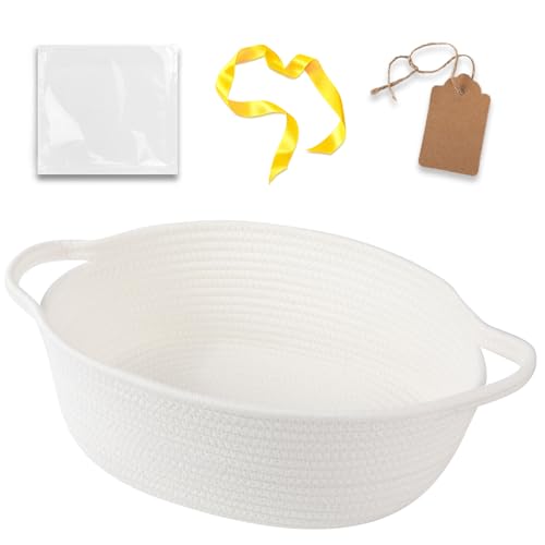 Image of OIAHOMY Small Woven Basket with Gift Bags, Ribbons & DIY Label Card, Baskets for Gifts Empty, Small Rope Basket 12 * 8 * 5IN, Cute Decorative Baskets with Handles for Baby Pets, Toys, White