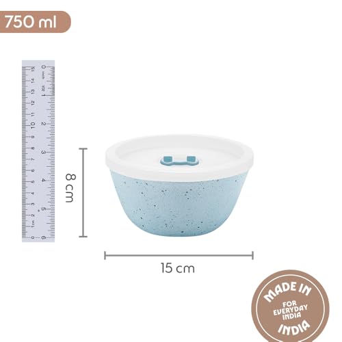 Image of Borosil 750ml Serving & Mixing Bowl with Lid | Made in India Borosilicate Glass Bowl for Kitchen & Dinning | Bowl for Mixing Dough, Salad, Batter | Microwave & Dishwasher Safe (Blue)