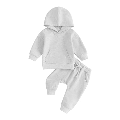 Image of Toddler Baby Boy Girl Fall Winter Outfits Solid Color Long Sleeve Hoodie Sweatshirt Jogger Pants Sweatsuit Clothes (Gray-A, 0-6 Months)