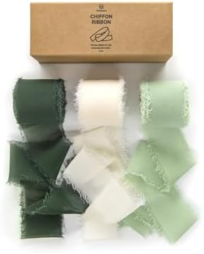 Vitalizart Handmade Chiffon Silk Ribbon Fringe Green & Cream 1.5" x 21 Yd Frayed Edges Ribbons for Wedding Invitations Bridal Bouquets Gifts Wrapping Crafts Holiday Party Decorations