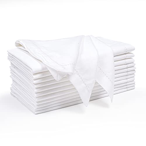 Ramanta Home White Cloth Dinner Napkin Set of 12-18x18 Inch, Premium Cotton Linen Flax Hemstitched Napkins, Soft Durable Washable for Everyday Use Thanksgiving Christmas Parties Halloween