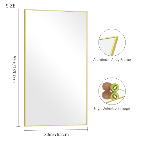 Image of COFENY 30x55In Gold Bathroom Mirror for Wall, Brushed Gold Rectangle Mirrors with Metal Frame, Bathroom Rectangular Mirror Modern Wall Mirror for Bedroom Living Room, Hangs Horizontal or Vertical