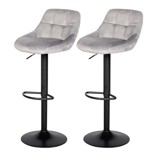 buybyroom Taburetes Altos de Cocina, Juego de 2 Taburetes de Bar Regulable Altura con Respaldo y Reposapiés, Giratorio 360°, Sillas Altas para Isla Cocina Barra Comedor, Terciopelo suave y cómodo,Gris