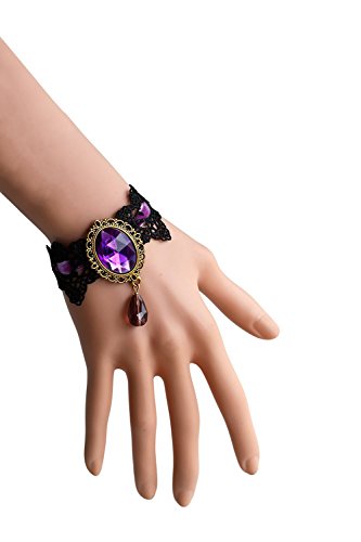 Youniker Retro Handmade Choker Necklace And Bracelet Jewelry Set For Halloween Costume Party Women Gothic Black Lace Necklace Punk Royal Court Vampire Choker Pendant Chain(Purple) #TOP2