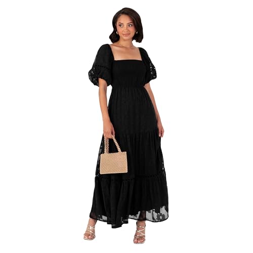 Lovedrobe Women's Maxi Dress Ladies Square Neckline Puff Sleeve Tiered Hem Floral Chiffon Shirred A-Line Tie Back Milkmaid, Negro 52