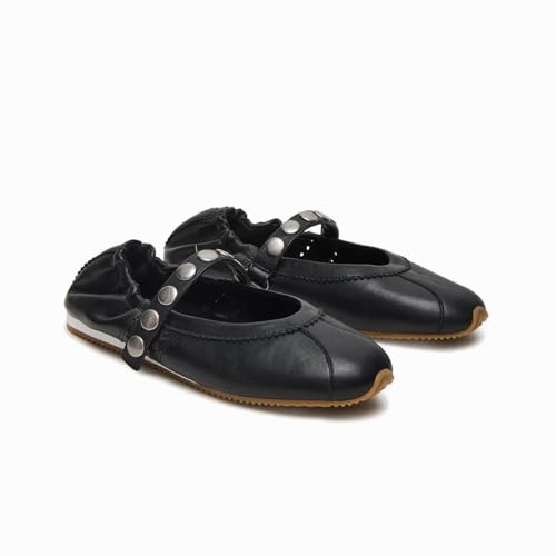 Women's Ballet Sliver Black Studded Ankle Strap Flat Shoes and Mary Jane Shoes Slip On Ankle Strap