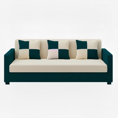 Image of FURNY Ameno 3 Seater Fabric Sofa Set (Cream-Greenish Teal) Premium Velvet Finish | Durable Comfort Ideal for Living Room