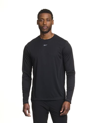Reebok Men’s ID Train Long Sleeve Tech Crewneck T-Shirt, Standard Fit, Lightweight Poly Fabric, Moisture-Wicking, Black, Medium