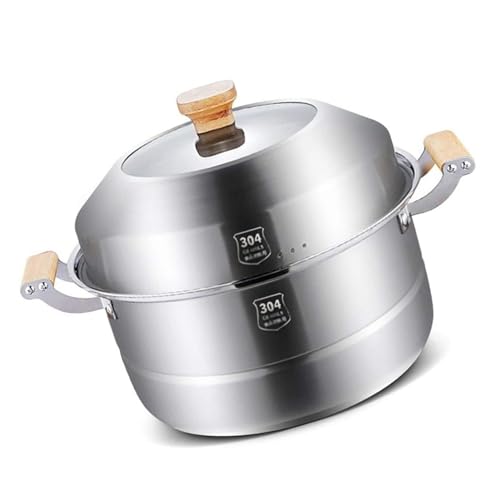 MIIKHI Olla de cocción al vapor de 2 capas, olla grande con tapa, olla de cocina con revestimiento antiadherente, olla de sopa de acero inoxidable 304 comercial/doméstico, para estufa de gas/cocina de