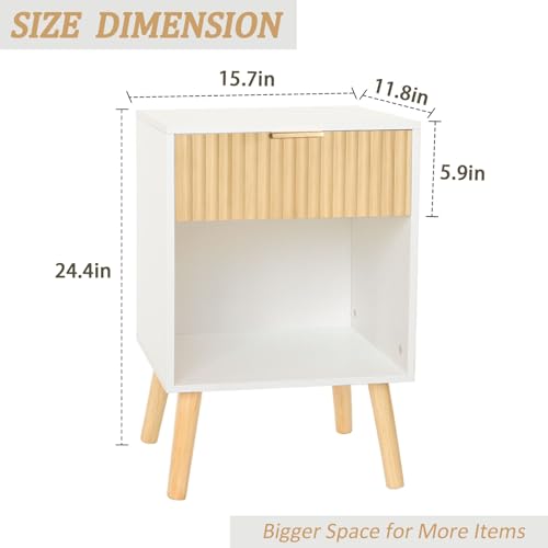 Image of Fultyle Nightstand, Modern Bedside Table with Drawer and Open Shelf, Fluted Night Stand with Solid Wood Legs for Bedroom, Living Room, Office (White Oak)