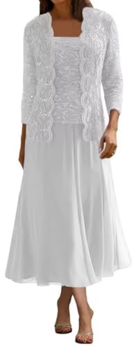 2 Pieces Mother of The Bride Dresses for Wedding Lace Appliques Chiffon Formal Dress with Jacket He6044