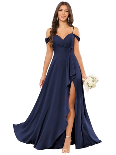 Chiffon Off The Shoulder Bridesmaid Dresses for Women V Neck Ruched Ruffles Formal Evening Gown with Slit
