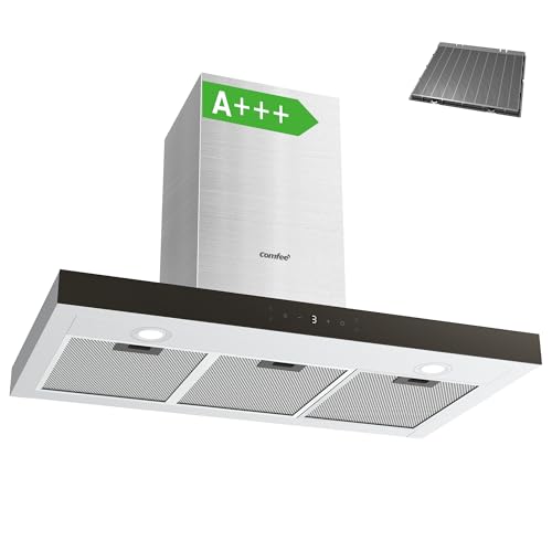 COMFEE' 90 cm Chimney Hood 90M77 Class A+++ Stainless Steel Extractor Hood with Recirculating & Ducting System, Gesture Control Extractor Fan Kitchen with Carbon Filters