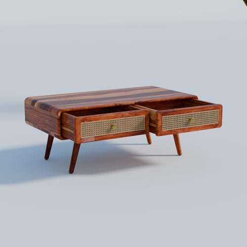 Image of DRIFTINGWOOD Amber Mid-Century Modern Solid Sheesham Wood Coffee Table - Wooden Center Table for Living Room with 2 Rattan Storage Drawers, Honey Finish