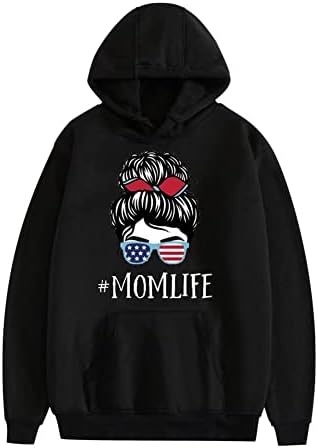 KoCoz Mom Life Messy Hair Bun American flag wear glasses Leopard Print Sweatshirt Women Mothers Day Pullover Hoodie… (Blakc1, M)