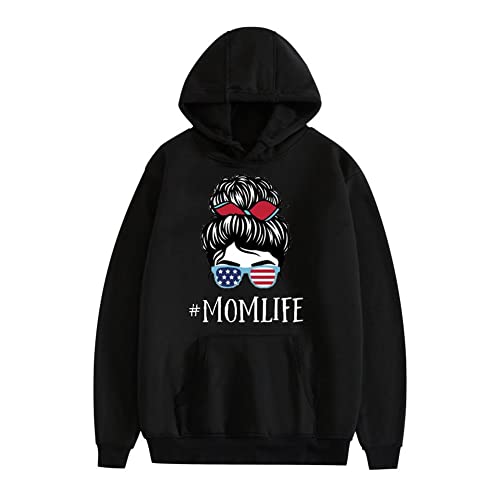 Kocoz Mom Life Messy Hair Bun American Flag Wear Glasses Leopard Print Sweatshirt Women Mothers Day Pullover Hoodie… (Blakc1, M) #TOP23