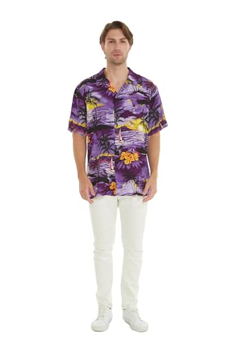 Image of Matchable Couple Hawaiian Shirt or Wrap Dress Signature Prints Sunset | Sold Individually; Soft Rayon Fabric; Lightweight Comfort; Signature Tropical Prints; Vacation Ready