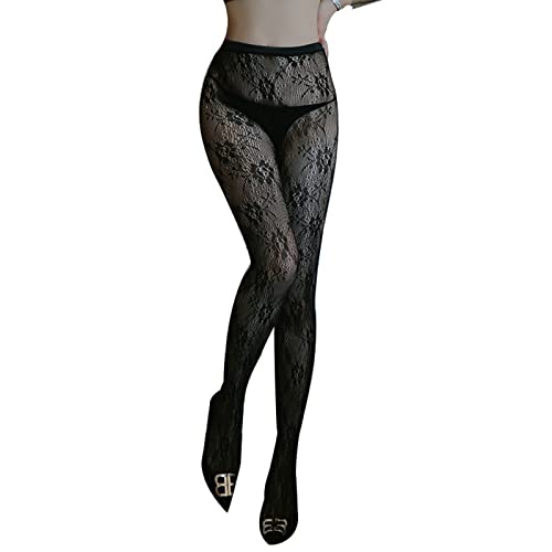 Medias de malla hueca para mujer, diseño de flores, cintura alta, delgadas, largas, para cosplay, color negro, talla única Cover
