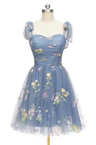 Short Homecoming Dresses for Teens Flower Embroidery Tulle Spaghetti Strap Knee Length Daisy Floral Prom Dresses3