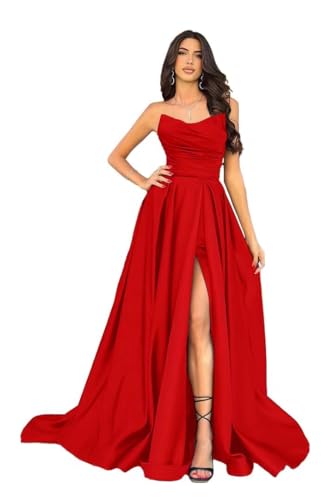 Tube Mermaid Prom Dresses 2023 with Slit Strapless Satin Pleated A-Line Prom Formal Evening Dresses with Train3