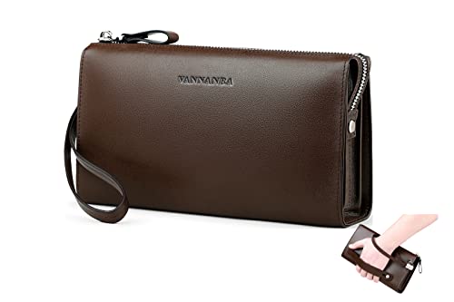VANNANBA Men's Clutch Leather Genuine Zip Around Large Travel Business Clutch Wallet Long