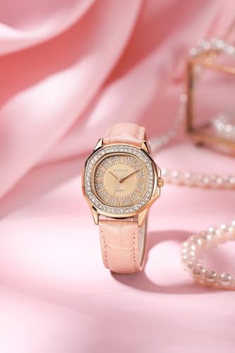 Image of Giordano Luxury Analog Watch for Women with Crystal-Studded Bezel & Leather Strap - Octagonal Case, Elegant Quartz Wristwatch