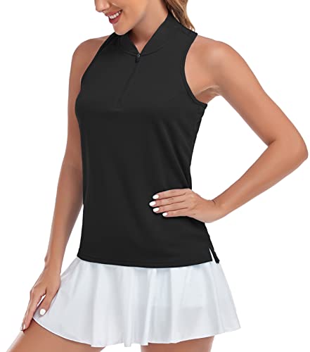 Racerback Shirts For Womens Summer Golf Tennis Lightweight Dry Fit Shirts Clothes With Zip Collar Black #TOP1