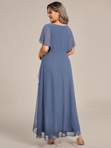 Image of Ever-Pretty Plus Women's V Neck Applique Plus Size Wedding Guest Dress Short Sleeves Maxi Formal Dresses Dusty Navy US20