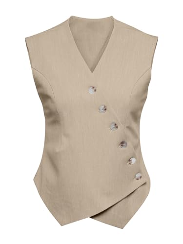 Cicy Bell Chaleco sin mangas para mujer, cuello en V, con botones, dobladillo asimétrico, para trabajo y oficina, Topo, XL