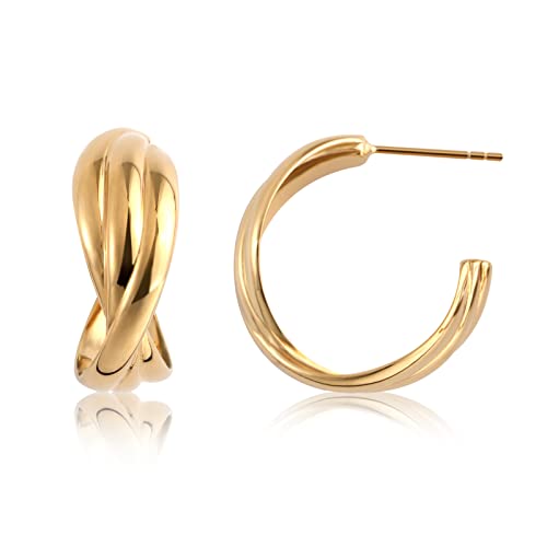 18K Gold/Rhodium Plated 925 Sterling Silver Twisted Hoop Earrings | Open Triple Hoop Earrings | Chunky Gold Hoops for Women Trendy