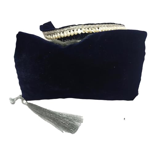 Image of athizay Blue Velvet Handbag for women potli bag which opens to a small shoulder bag for ladies with handcrafted Moti work Strap Multi purpose bag Regal and Royal look