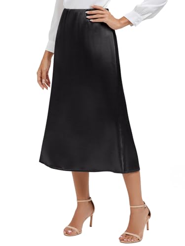 Women Elegant Daily Satin A-Line Side Slit Midi Skirt Elastic Waistband with Side Zipper2