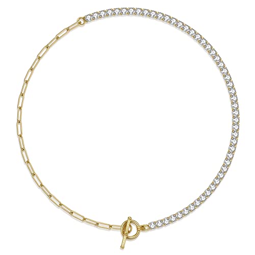 NUZON Gold CZ Tennis Necklace for Women 18K Gold Plated Paper Clip Link Chain Choker Sparkly Diamond Layering Jewelry Toggle Clasp 16.5’’
