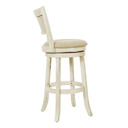 OSP Home Furnishings Metro 30\" Swivel Stool with Padded Seat and Attached Foot Rest, Beige Fabric with Antique White Frame