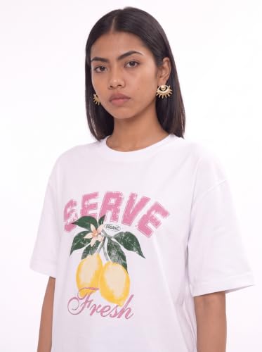 Image of Amazon Brand - Serve Women's Oversized Graphic T-Shirt | Cotton Printed Crew Neck Tee | Half Sleeve Loose Fit