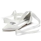 Eldecey Women's Wedding Flats Ballet Shoes for Bride Pointed Toe Satin Ribbon Tie Prom Party Dress Pumps Shoes, Ivory, 13