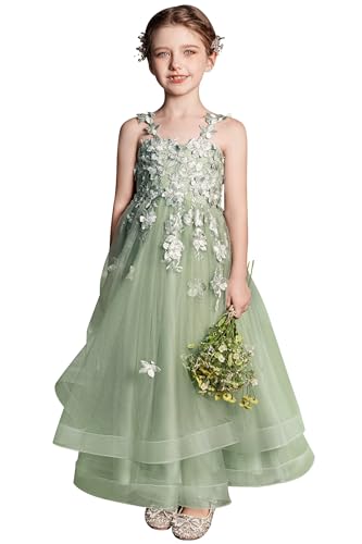 Tulle Flower Girl Dresses for Wedding 3D Floral Appliques Pageant Dress Girls Birthday Ball Gown with Bow