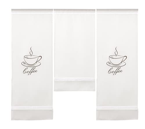 Design Mini Flächenvorhang Set Bestickt Kaffee Coffee | 4057-01 | 3 Teile | Scheibengardine Gesamtbreite 90cm (3x30cm) Höhe 80/60/80cm |