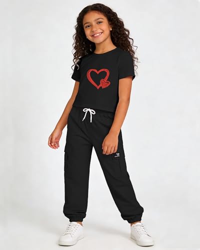 Image of Betusline Girls 2 Piece Summer Outfits,Black Heart Cute Short Sleeve Crop Tops + Black Cargo Jogger Pants Clothes,13-14 Years = Tag 170