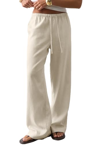 CHYRII Women's Cotton Linen Palazzo Pants Wide Leg Casual Flowy Summer Beach Low Waist Trousers with Pockets Natural S