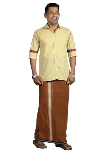 Image of PRAKASAM COTTON Velcro Pocket Dhoti | Thalapathi Border Readymade Cotton Kerala Mundu for Men