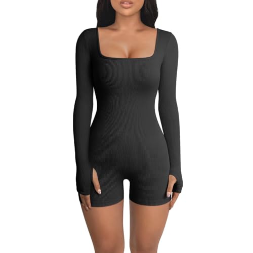 RPAEOY Damen Jumpsuit Langarm Quadratischem Ausschnitt Gerippter Hosenanzug Strampler Overall Playsuit Bodycon Shorts Bodysuit Sexy Sportkleidung Trainingsanzug für Yoga Workout (Schwarz,S)
