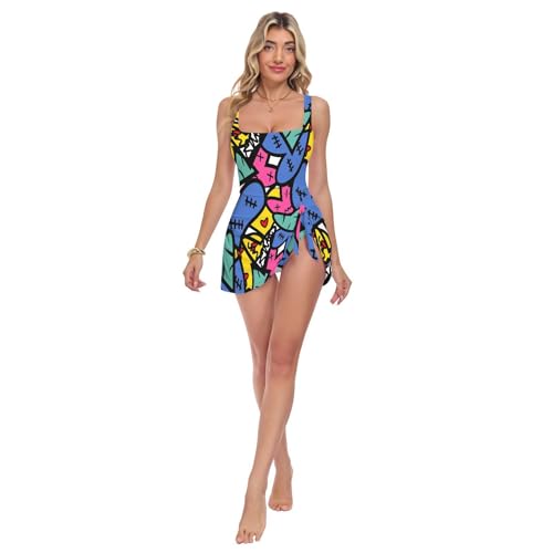 Maillot de bain pour femme contrôle du ventre et col carré au style graffiti