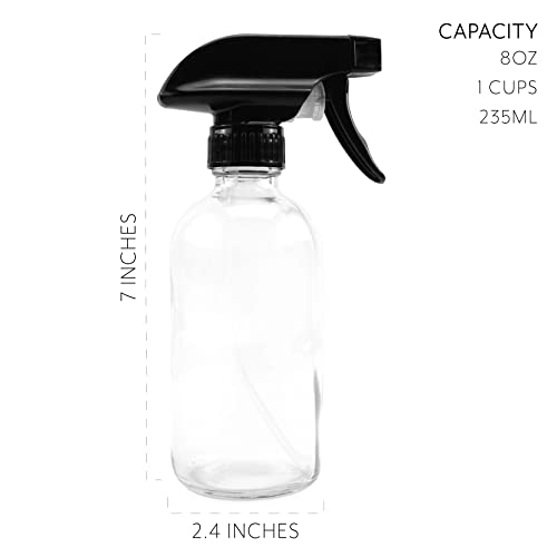 Cornucopia Brands 8-Ounce Clear Glass Spray Bottles (2-Pack); Boston Round Bottles W/ 3-Setting Adjustable Black Heavy Duty Sprayers & Chalk Labels #TOP2